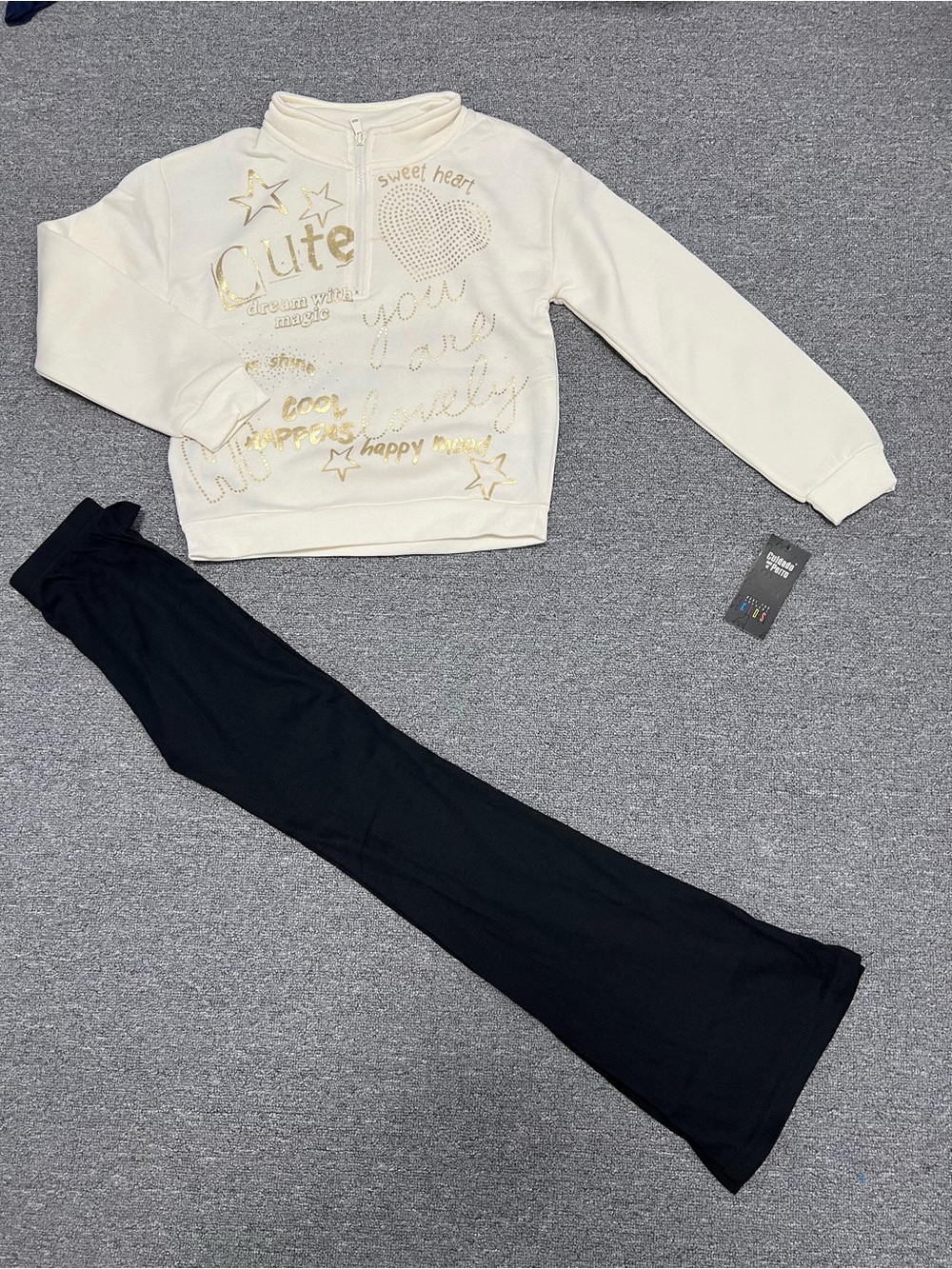 Girl’s Cream Pullover with Black Flared Bottoms 2pc Set 12T